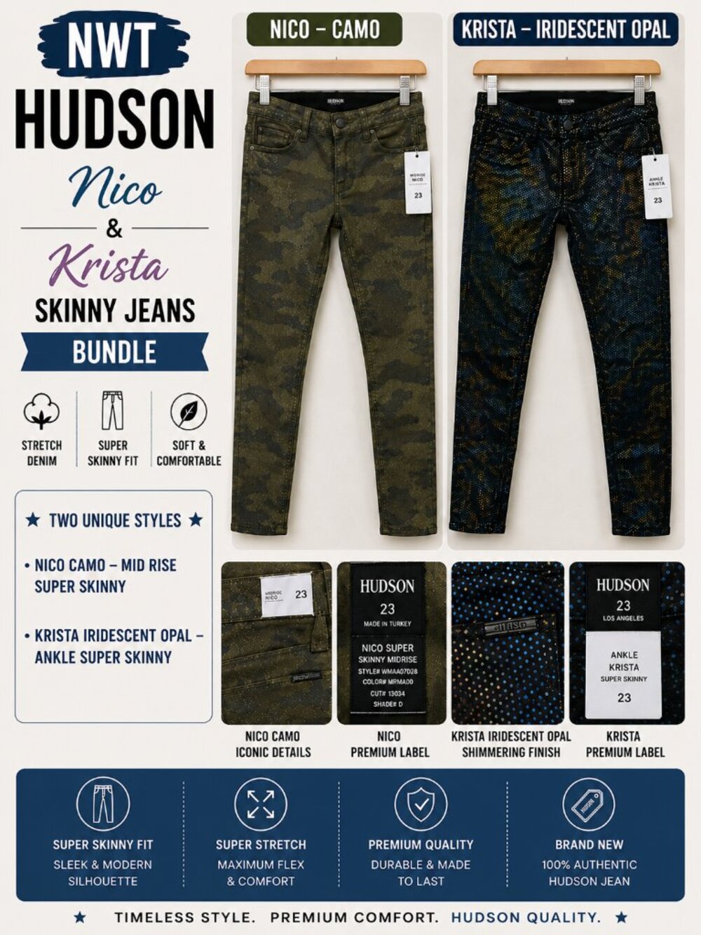 NWT Hudson Nico Camo & Krista Iridescent Opal Skinny Jeans Bundle